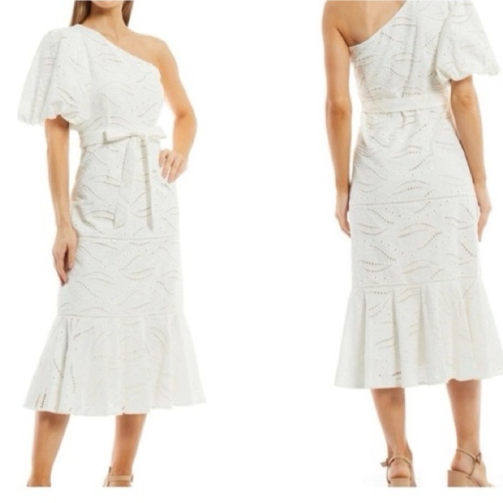 Gibson Latimer One-Shoulder White Eyelet Midi Dress with Belt